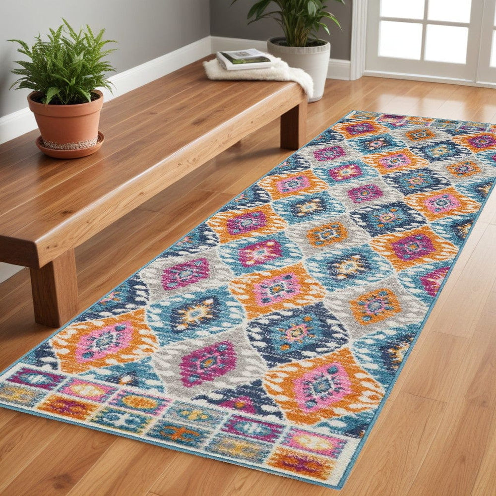 8' Blue And Pink Ogee Power Loom Runner Rug - Homeroots