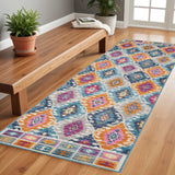 8' Blue And Pink Ogee Power Loom Runner Rug - Homeroots