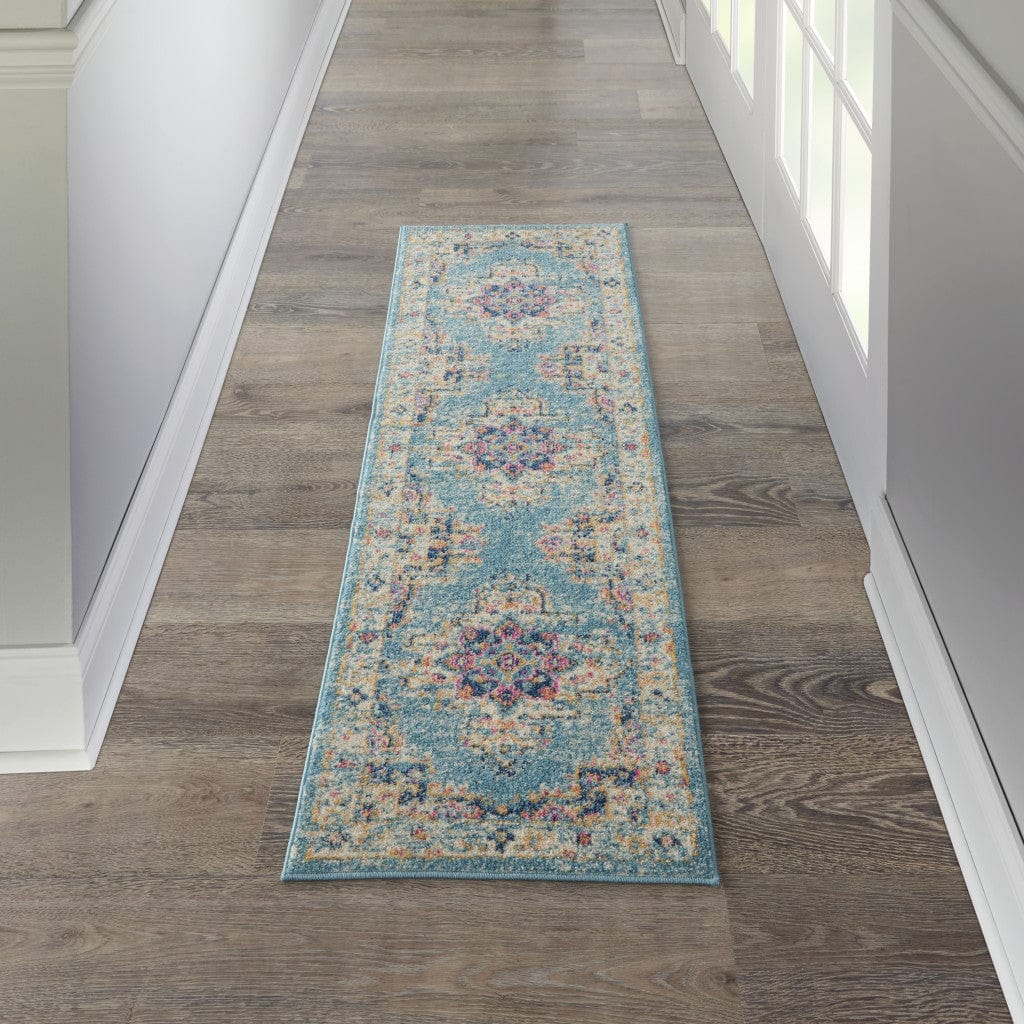 6' Light Blue Southwestern Power Loom Runner Rug - Homeroots