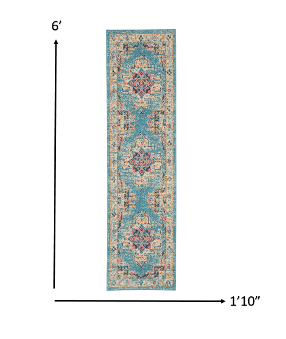 6' Light Blue Southwestern Power Loom Runner Rug - Homeroots