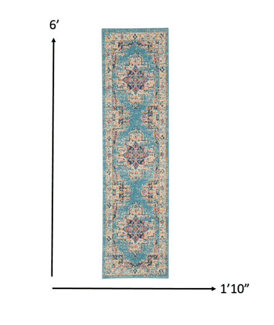 6' Light Blue Southwestern Power Loom Runner Rug - Homeroots