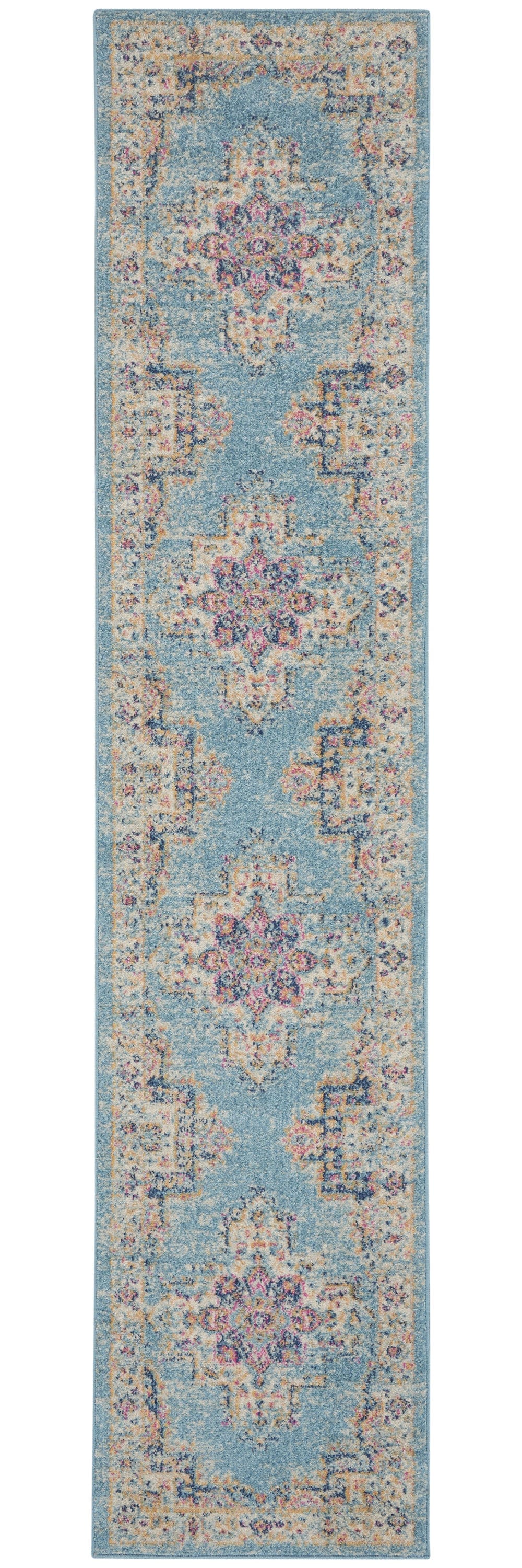 10' Light Blue Southwestern Power Loom Runner Rug - Homeroots