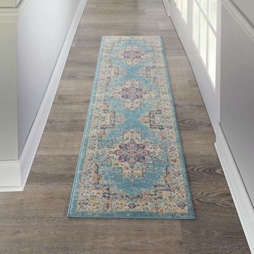 2' X 8' Light Blue Distressed Medallion Runner Rug - Homeroots - Flyclothing LLC