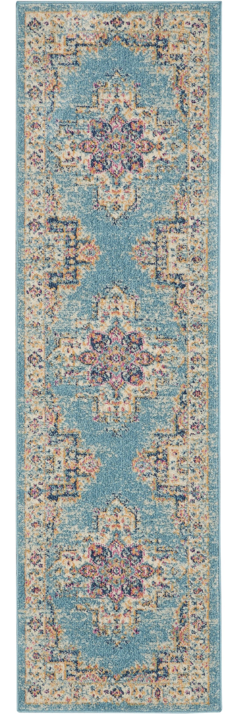 2' X 8' Light Blue Distressed Medallion Runner Rug
