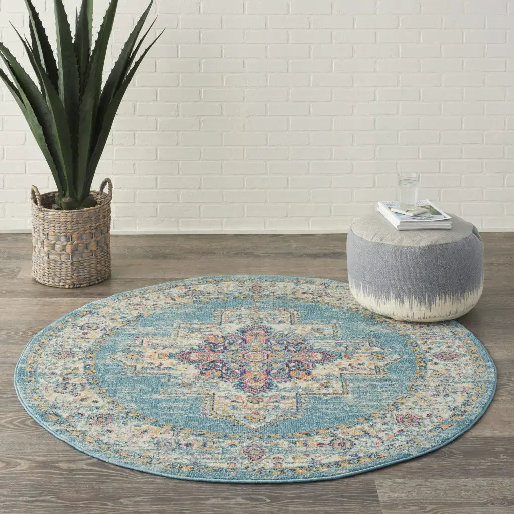 4' Light Blue Round Southwestern Power Loom Area Rug - Homeroots - Flyclothing LLC