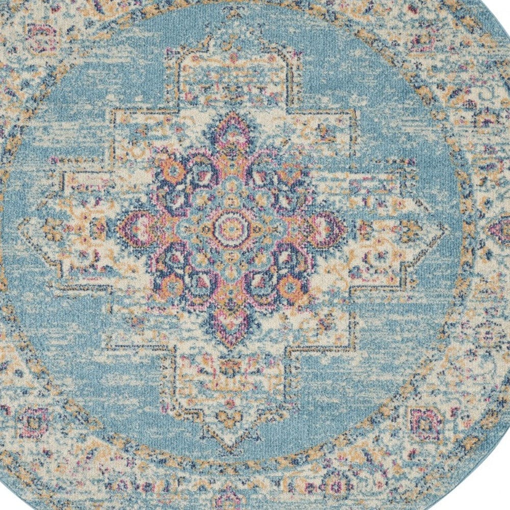 4' Light Blue Round Southwestern Power Loom Area Rug - Homeroots