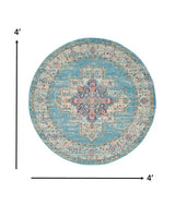 4' Light Blue Round Southwestern Power Loom Area Rug - Homeroots - Flyclothing LLC