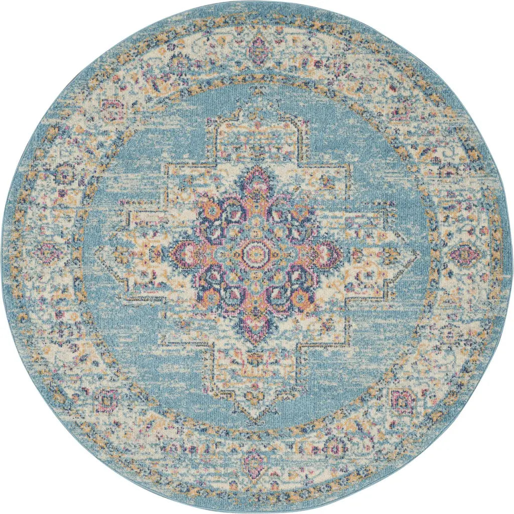 5' Light Blue Round Southwestern Power Loom Area Rug - Homeroots - Flyclothing LLC