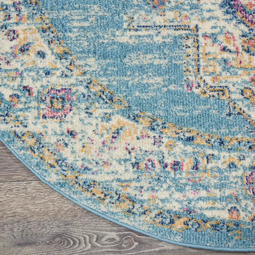 5' Light Blue Round Southwestern Power Loom Area Rug - Homeroots - Flyclothing LLC