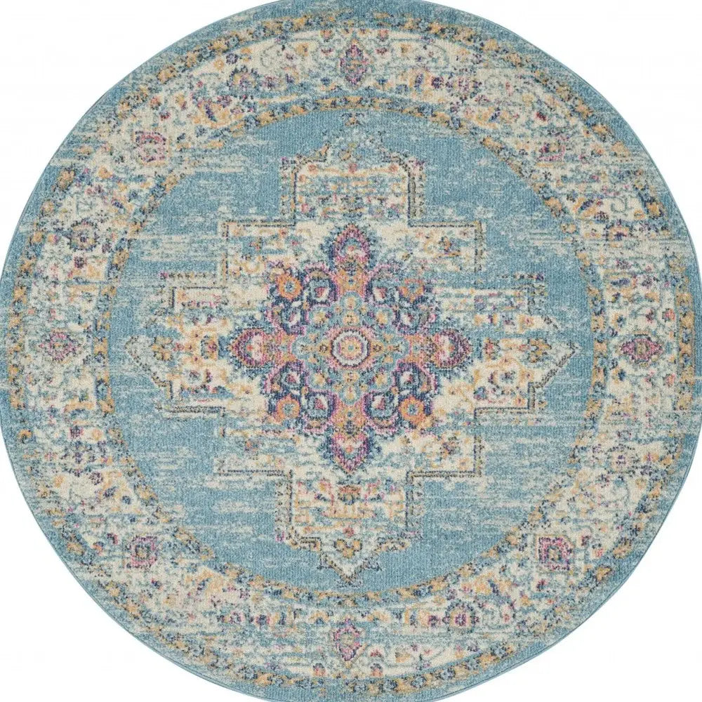 5' Light Blue Round Southwestern Power Loom Area Rug - Homeroots - Flyclothing LLC