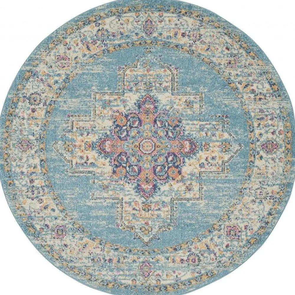5' Light Blue Round Southwestern Power Loom Area Rug - Homeroots - Flyclothing LLC