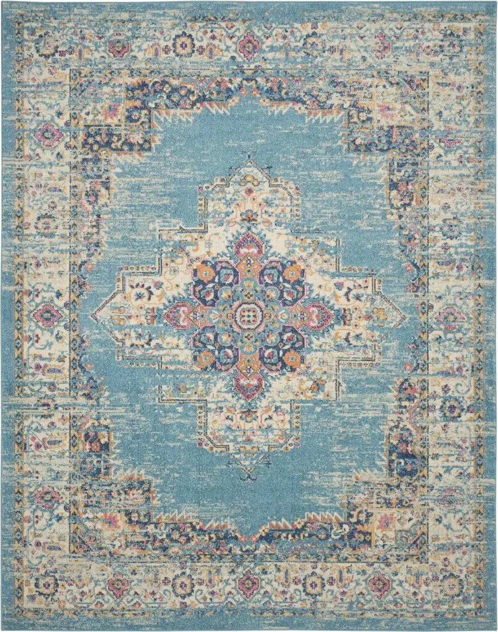 7' X 10' Blue and Ivory Medallion Power Loom Distressed Area Rug - Homeroots - Flyclothing LLC