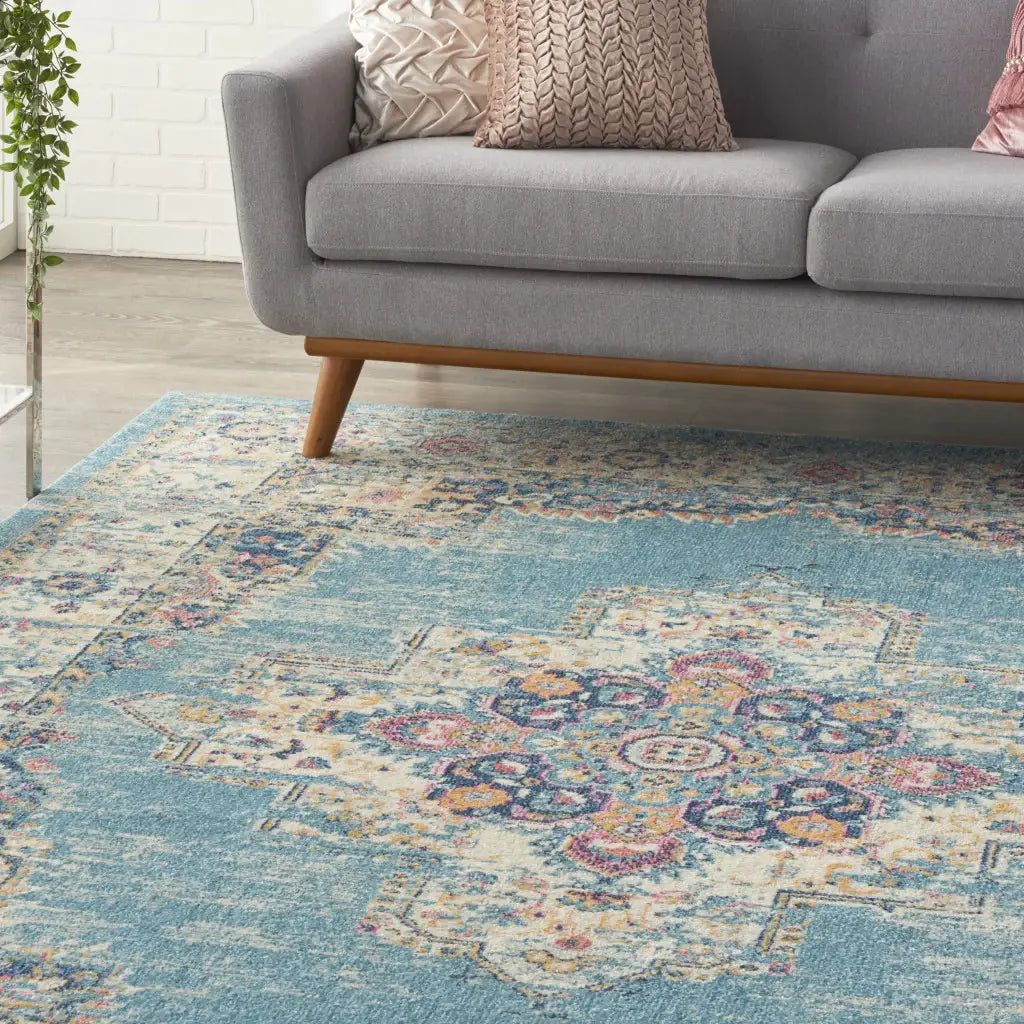 7' X 10' Blue and Ivory Medallion Power Loom Distressed Area Rug - Homeroots - Flyclothing LLC