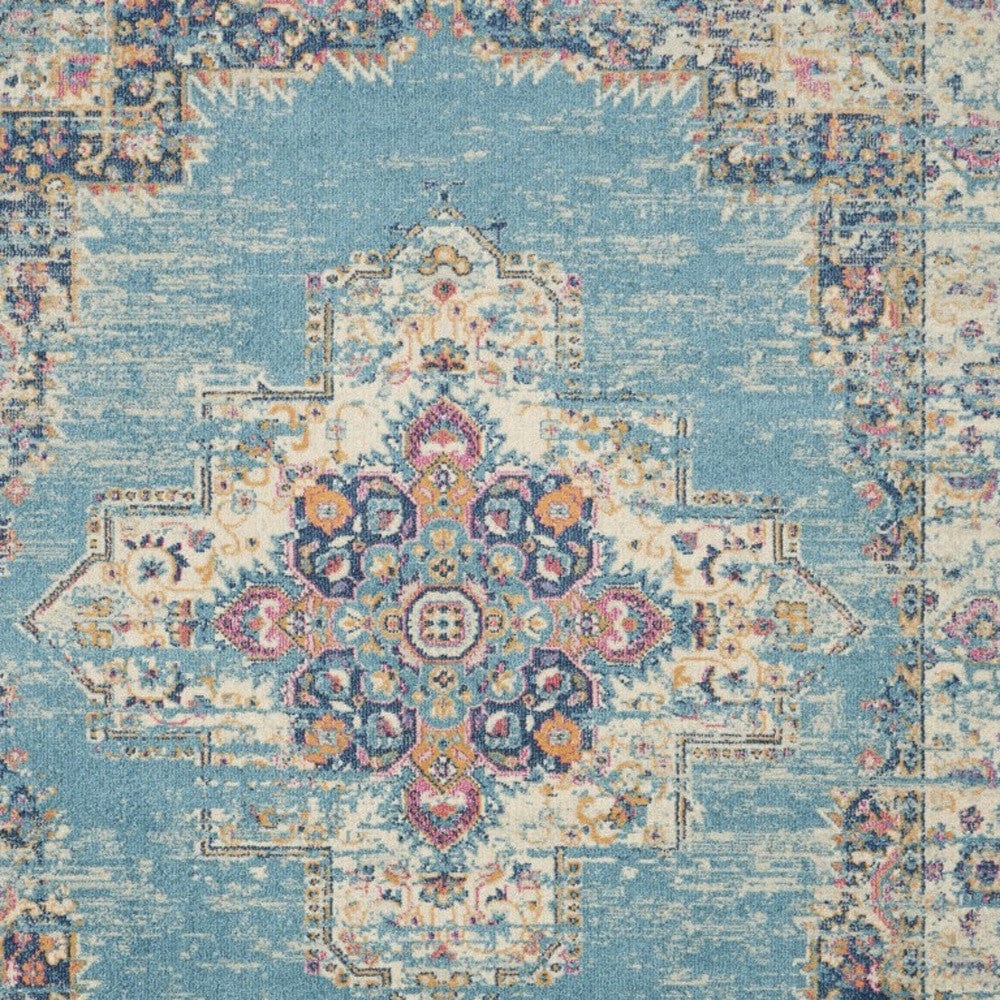 7' X 10' Blue and Ivory Medallion Power Loom Distressed Area Rug - Homeroots