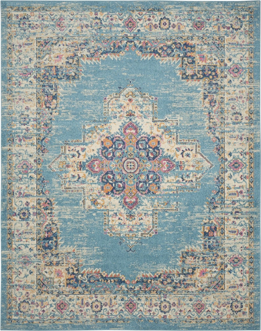 7' X 10' Blue and Ivory Medallion Power Loom Distressed Area Rug - Homeroots