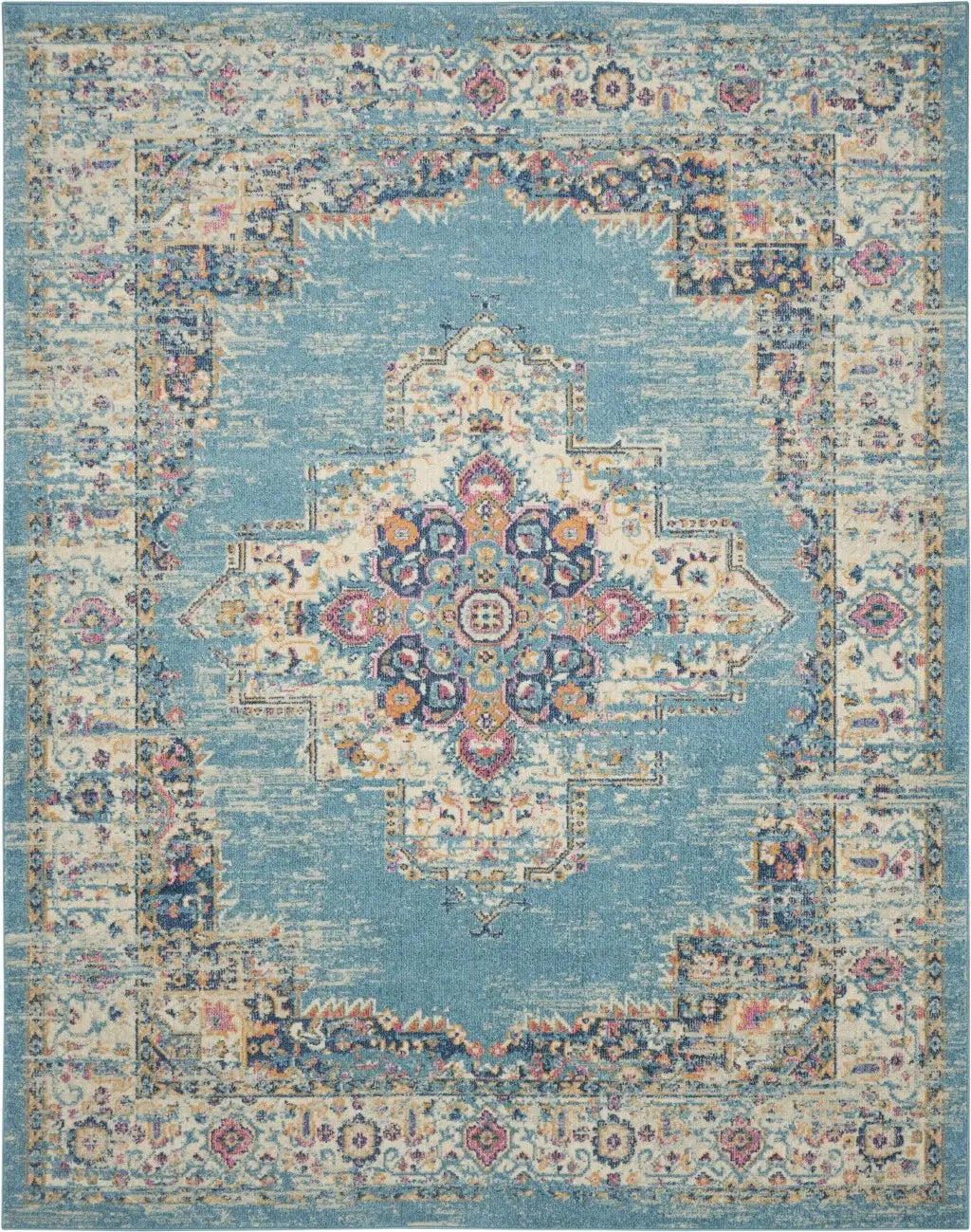 7' X 10' Blue and Ivory Medallion Power Loom Distressed Area Rug - Homeroots - Flyclothing LLC