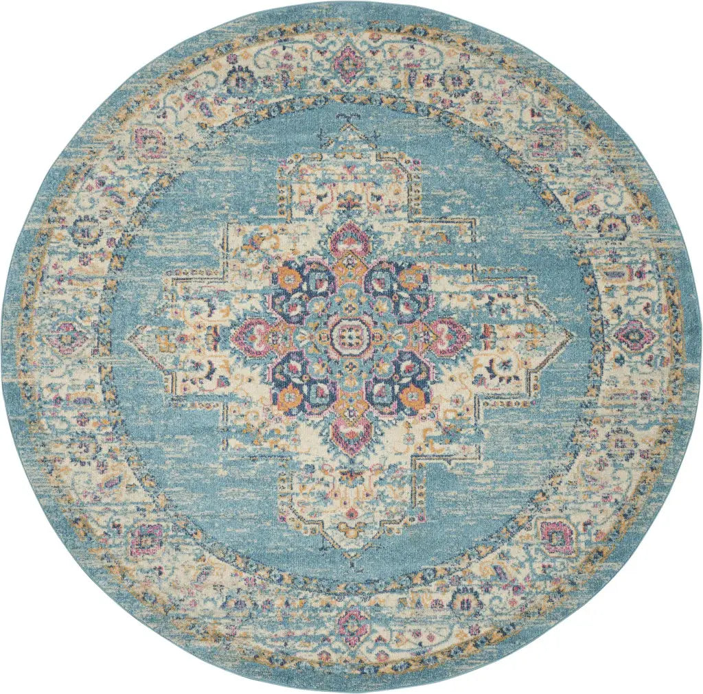 8' Light Blue Round Southwestern Power Loom Area Rug - Homeroots - Flyclothing LLC