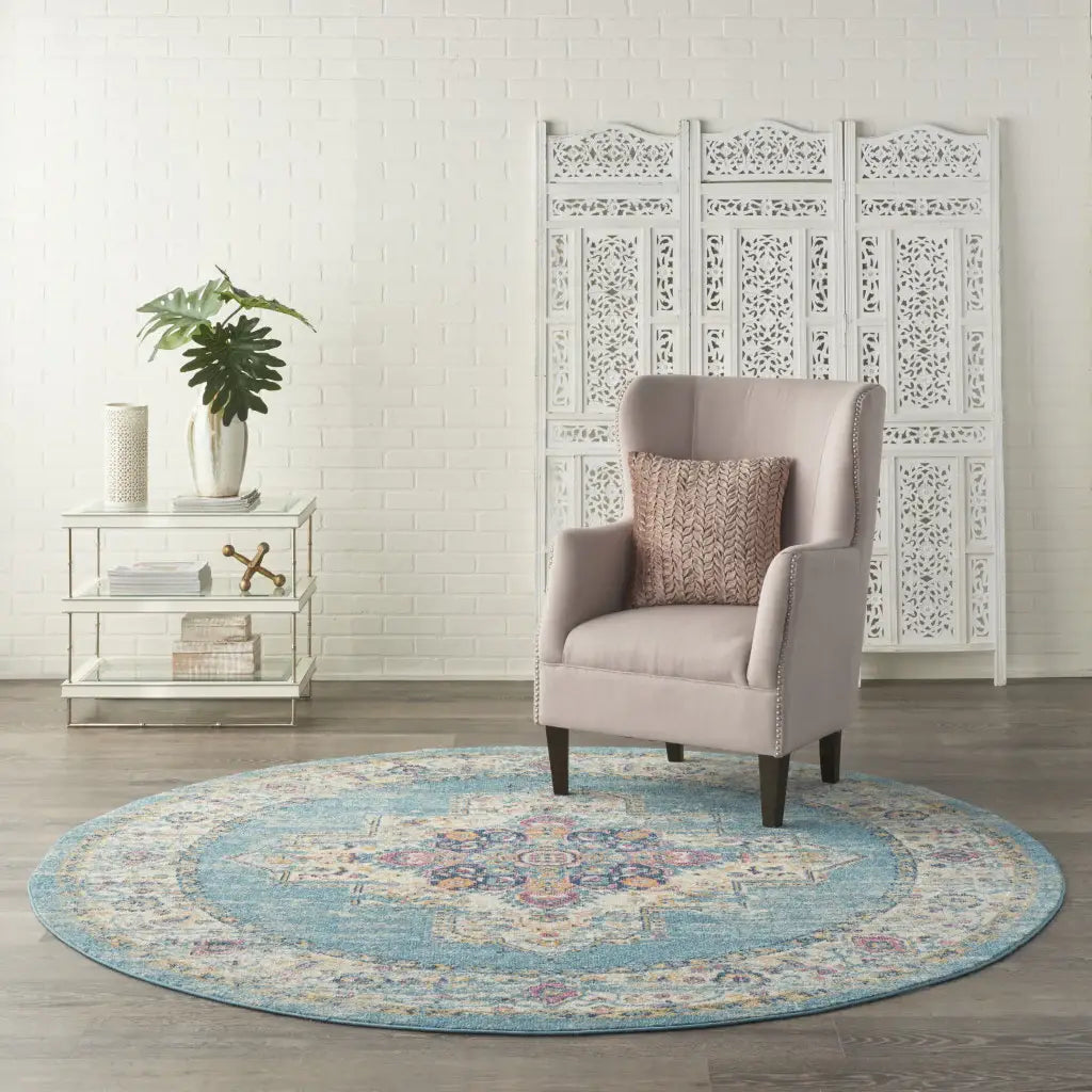 8' Light Blue Round Southwestern Power Loom Area Rug - Homeroots - Flyclothing LLC