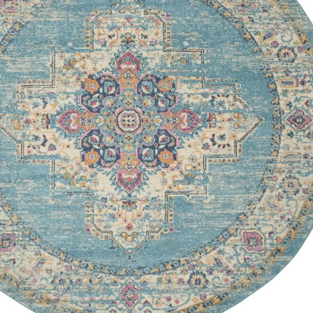 8' Light Blue Round Southwestern Power Loom Area Rug - Homeroots - Flyclothing LLC