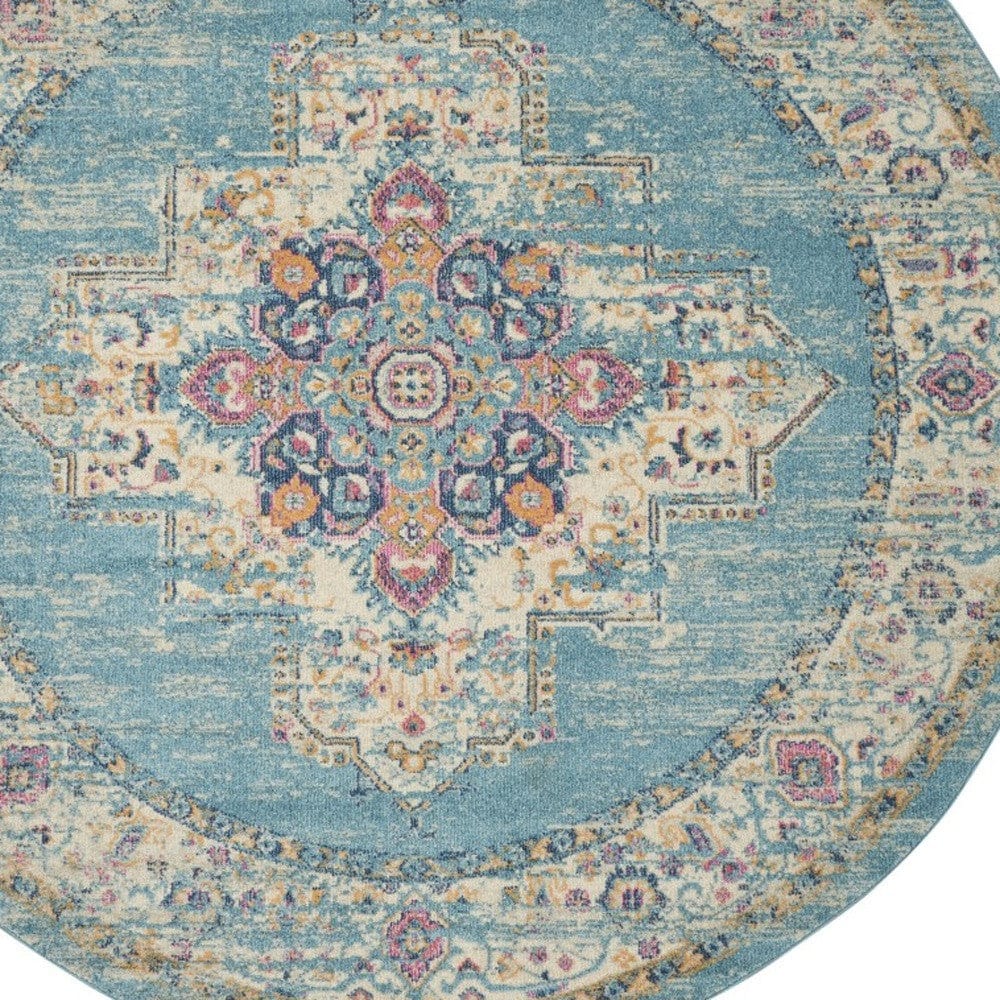 8' Light Blue Round Southwestern Power Loom Area Rug - Homeroots