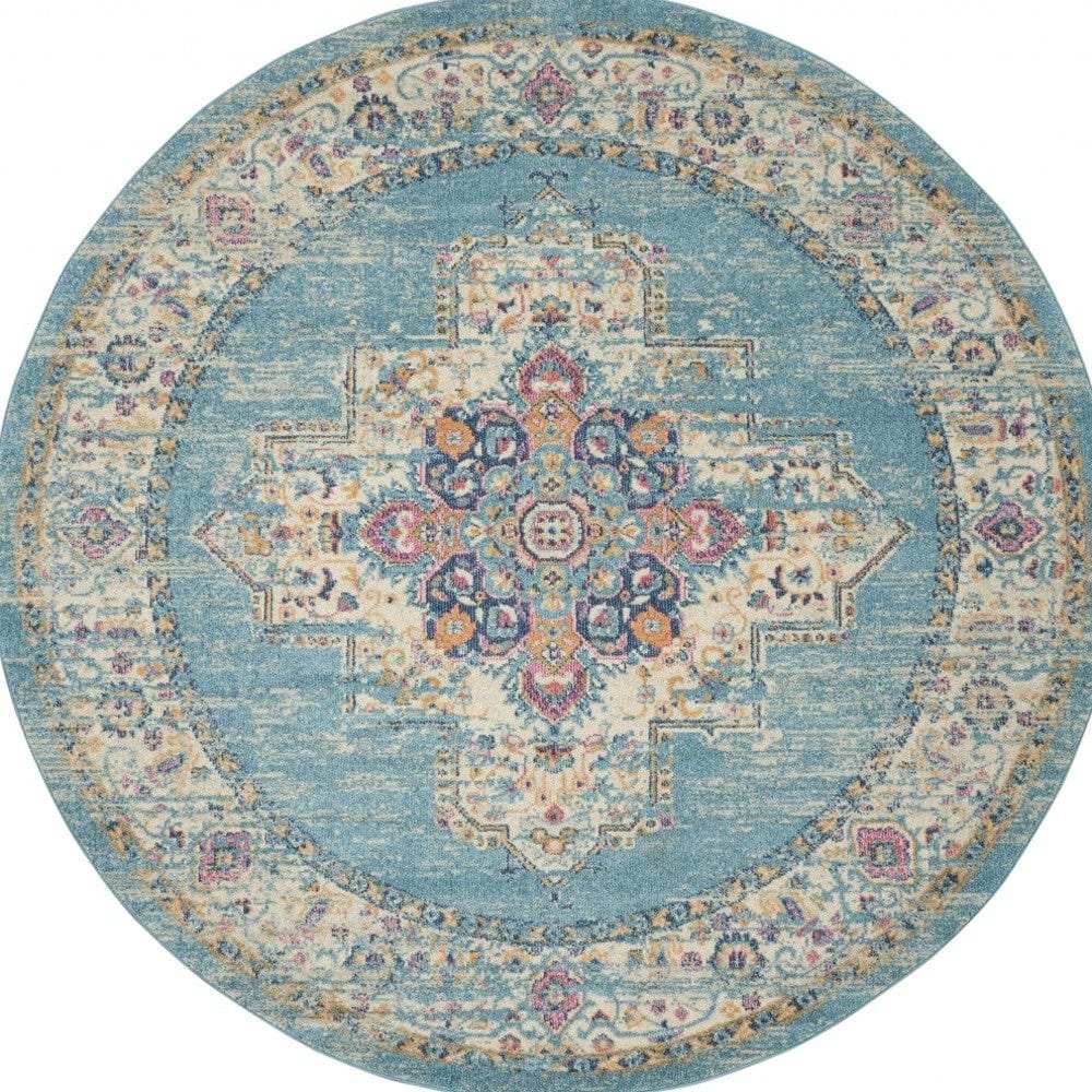 8' Light Blue Round Southwestern Power Loom Area Rug - Homeroots - Flyclothing LLC