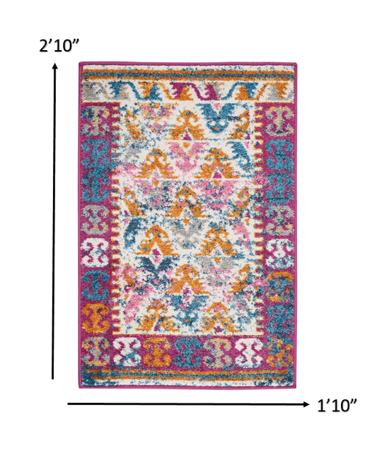 2' X 3' Ivory And Magenta Tribal Pattern Scatter Rug