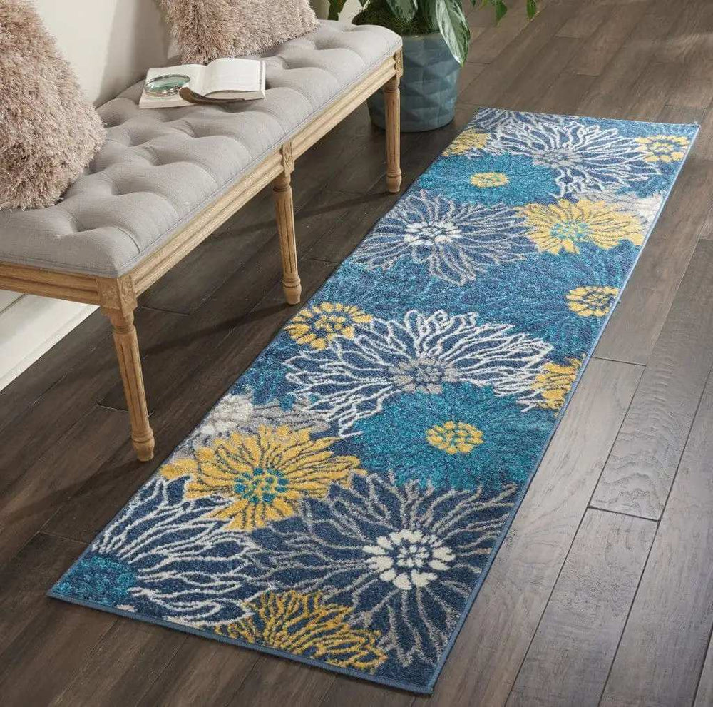 8' Blue Floral Power Loom Runner Rug - Homeroots - Flyclothing LLC
