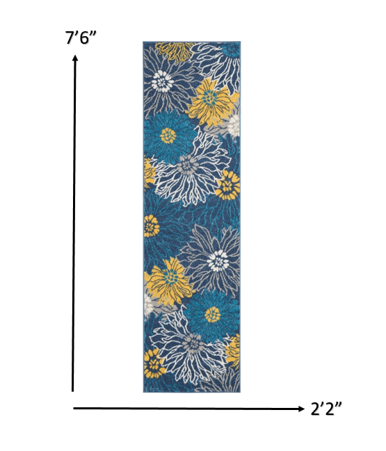 8' Blue Floral Power Loom Runner Rug - Homeroots