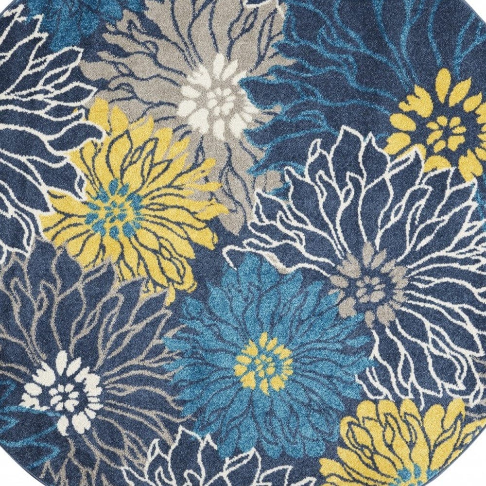 4' Blue Round Floral Power Loom Area Rug - Homeroots
