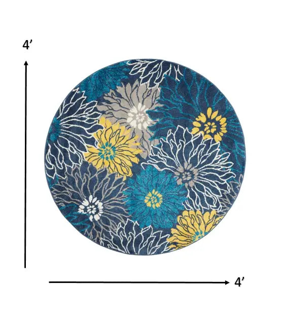 4' Blue Round Floral Power Loom Area Rug - Homeroots - Flyclothing LLC