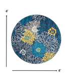 4' Blue Round Floral Power Loom Area Rug - Homeroots