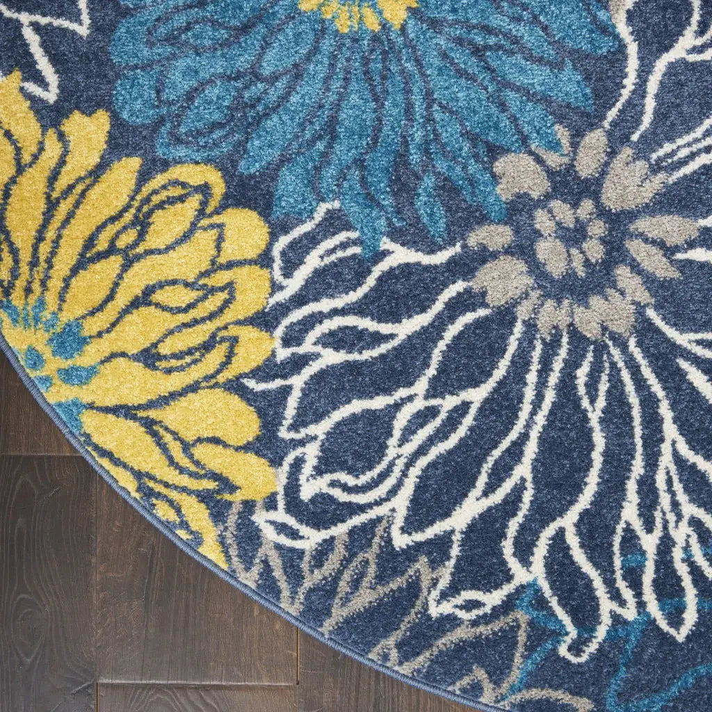 5' Blue Round Floral Power Loom Area Rug - Homeroots - Flyclothing LLC