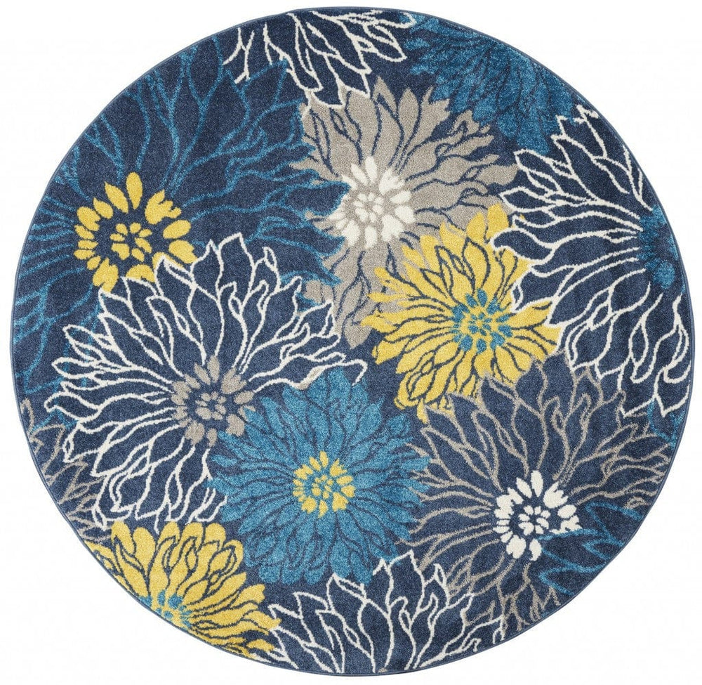 5' Blue Round Floral Power Loom Area Rug - Homeroots
