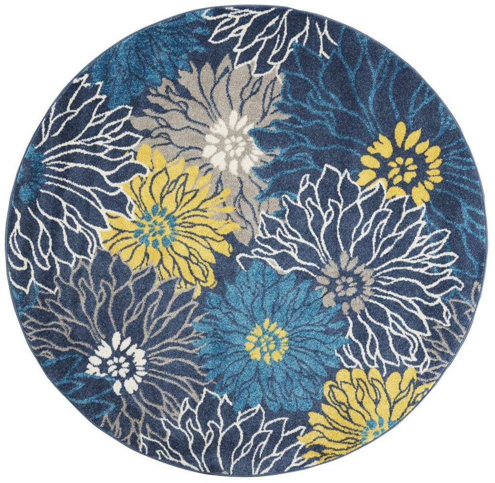 5' Blue Round Floral Power Loom Area Rug - Homeroots - Flyclothing LLC