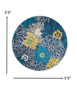5' Blue Round Floral Power Loom Area Rug - Homeroots - Flyclothing LLC