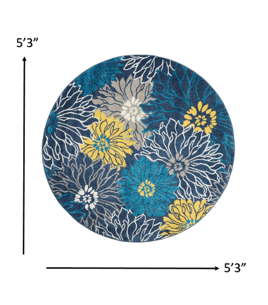 5' Blue Round Floral Power Loom Area Rug - Homeroots - Flyclothing LLC