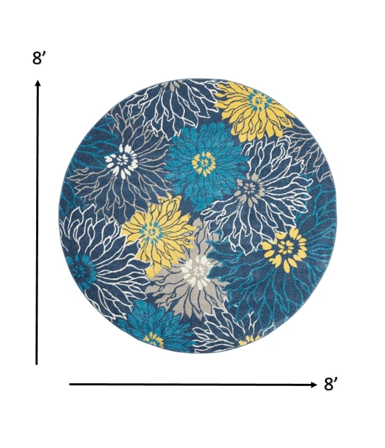8' Blue Round Floral Power Loom Area Rug - Homeroots