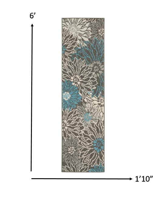 6' Blue And Gray Floral Power Loom Runner Rug - Homeroots