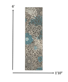 6' Blue And Gray Floral Power Loom Runner Rug - Homeroots