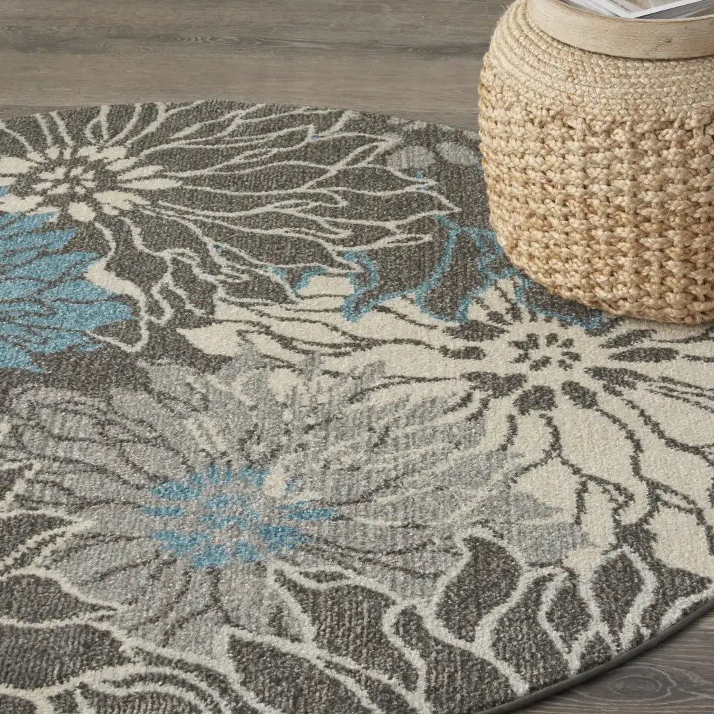 4' Blue And Gray Round Floral Power Loom Area Rug - Homeroots - Flyclothing LLC