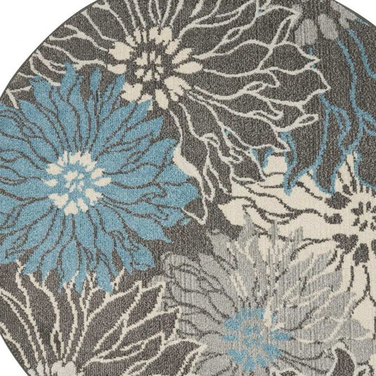4' Blue And Gray Round Floral Power Loom Area Rug - Homeroots - Flyclothing LLC