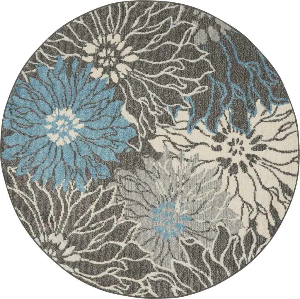 5' Blue And Gray Round Floral Power Loom Area Rug - Homeroots - Flyclothing LLC