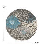 5' Blue And Gray Round Floral Power Loom Area Rug - Homeroots