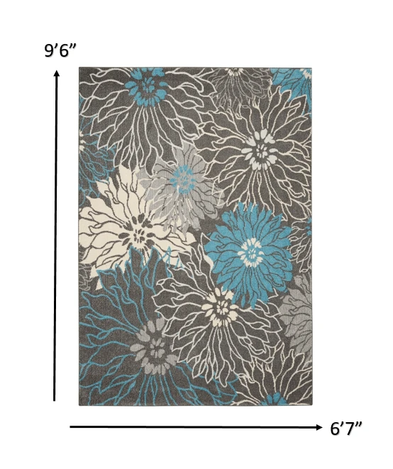 7' X 10' Blue And Gray Floral Power Loom Area Rug - Homeroots