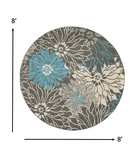 8' Blue And Gray Round Floral Power Loom Area Rug - Homeroots