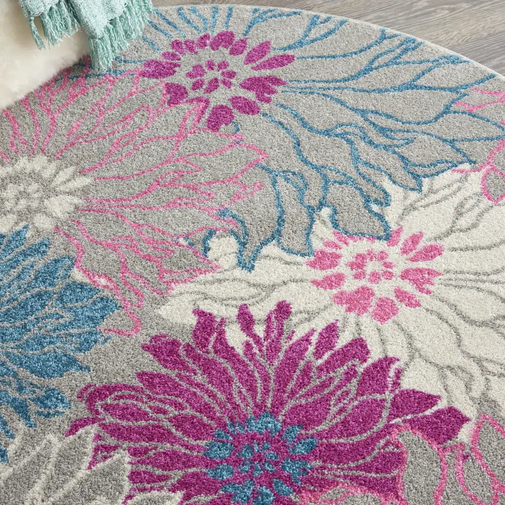 4' Gray Round Floral Dhurrie Area Rug - Homeroots - Flyclothing LLC