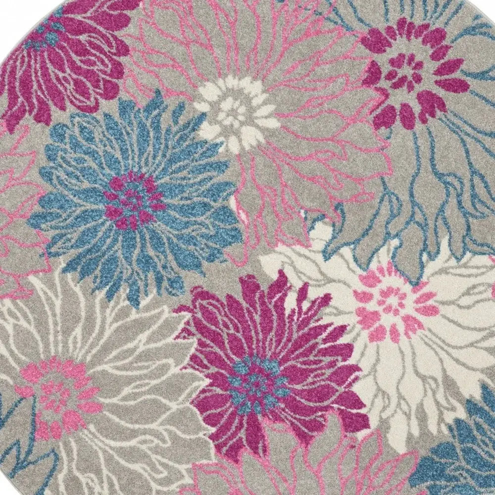5' Gray Round Floral Dhurrie Area Rug - Homeroots - Flyclothing LLC