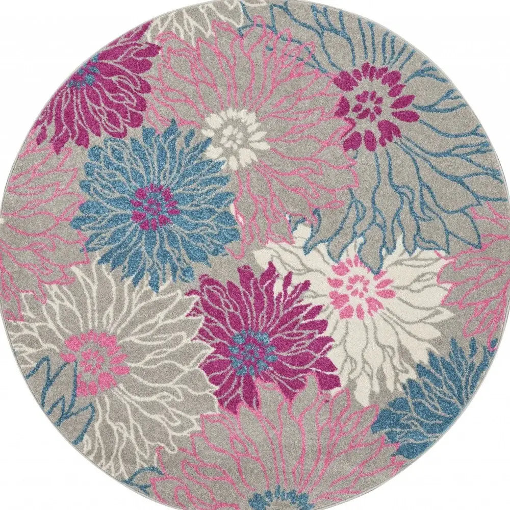 5' Gray Round Floral Dhurrie Area Rug - Homeroots - Flyclothing LLC