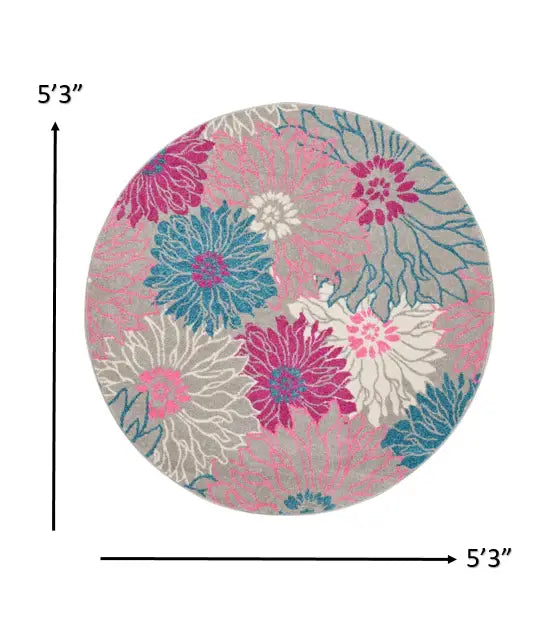 5' Gray Round Floral Dhurrie Area Rug - Homeroots - Flyclothing LLC