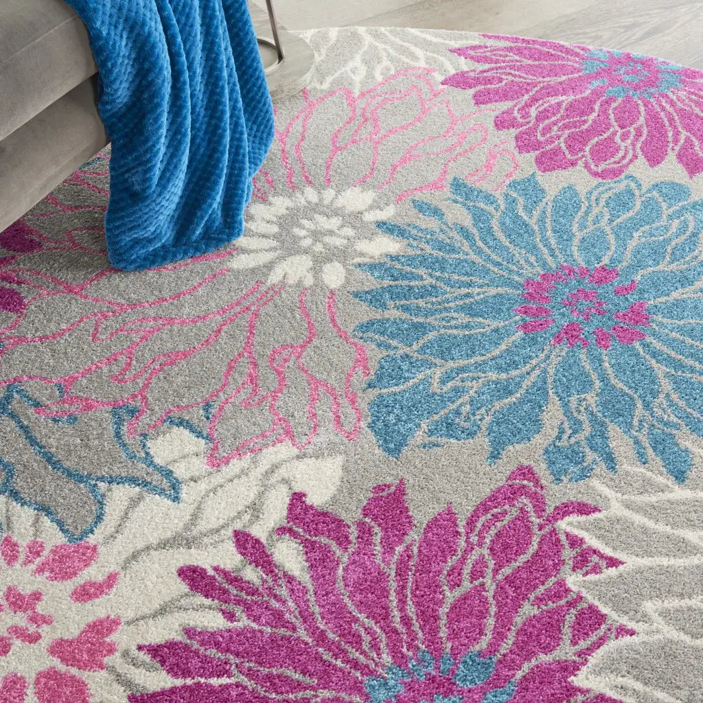 8' Gray Round Floral Dhurrie Area Rug - Homeroots - Flyclothing LLC
